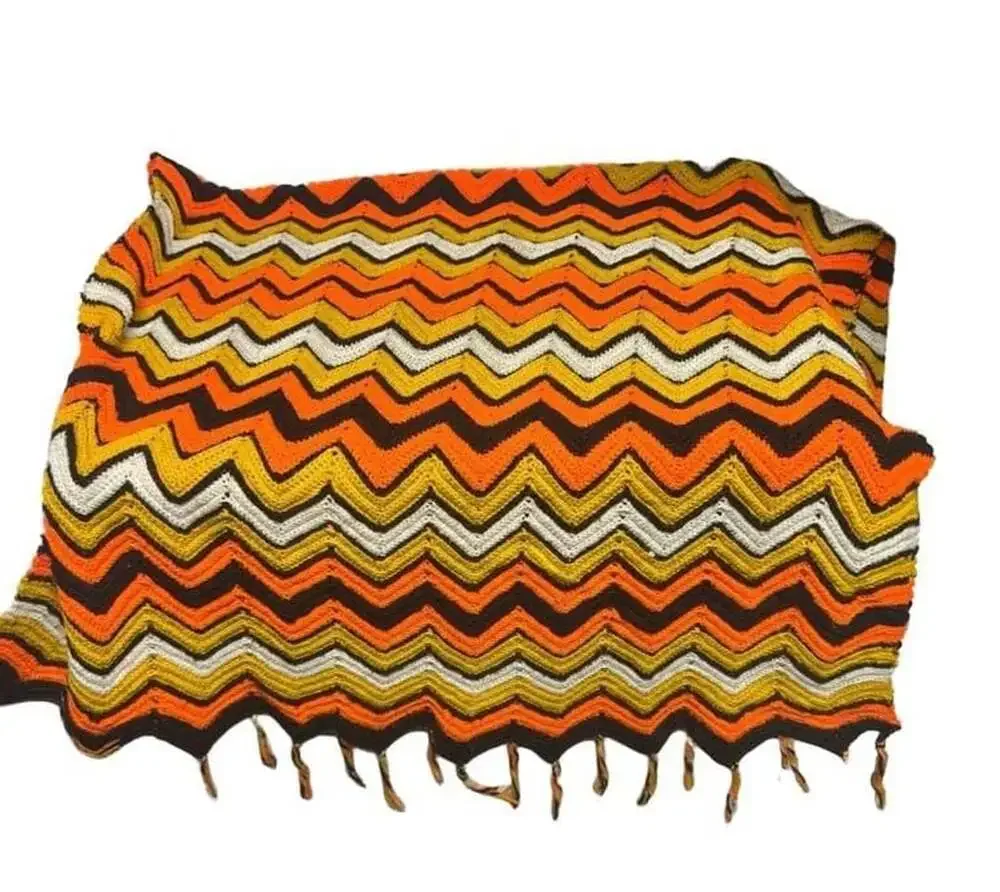 70s Handmade Vintage Crochet Afghan Throw Orange Yellow Brown Mint!